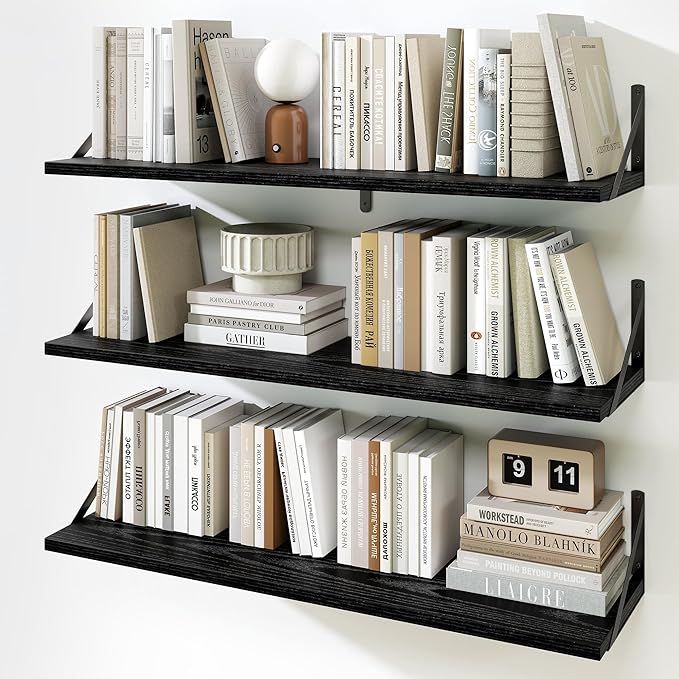 Fun Memories Floating Shelves for Wall, 36 Inches Long Set of 3 Wall Shelves for Bedroom, Floating Bookshelves with Metal Brackets for Living Room, Kitchen, Bedroom and Laundry Room (Black)