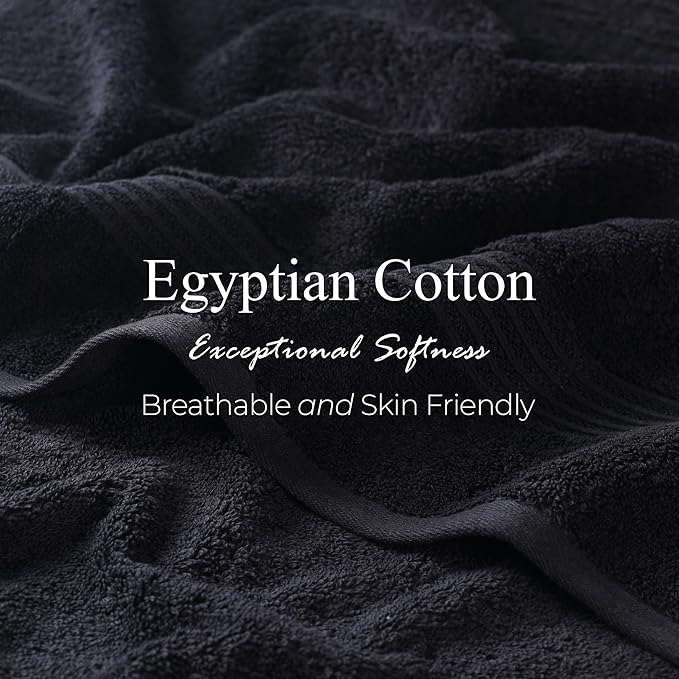 Superior Egyptian Cotton Bath Towel Set, Home Bathroom Towels, Master, Guest Bath, Decor Essentials, Quick Dry, Absorbent, Large Body Towels, Spa, Hotel, Resort, Adult, Kids, Set of 2, Black