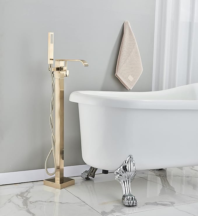 Freestanding Bathtub Faucet Brushed Gold Floor Mount Waterfall Tub Filler High Flow with Hand Shower Solid Brass 360 Degree Swivel Standing Mixer Taps for Bathroom