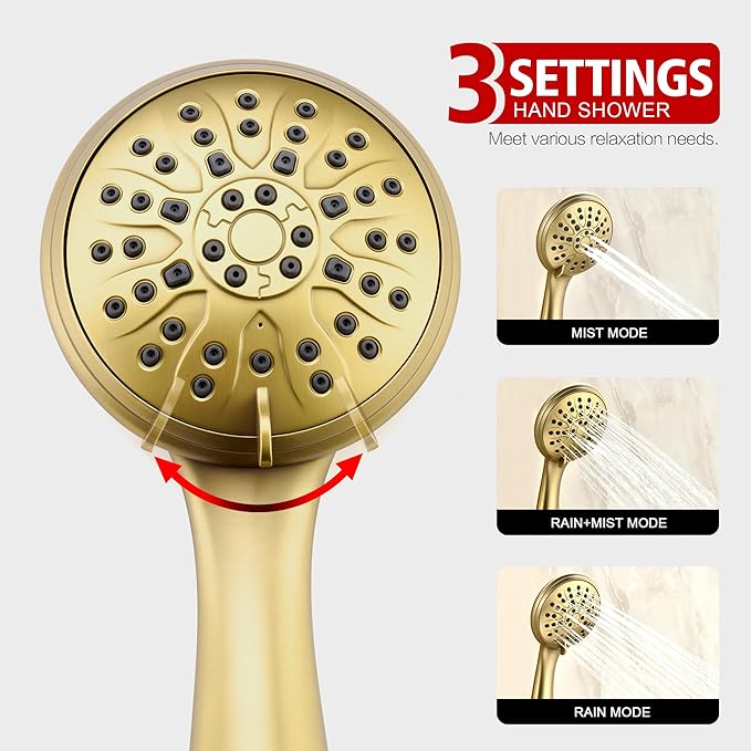 sumerain Shower System set with High Pressure Multi-modes Shower Heads and Handheld, Brushed Gold Rainfall Shower Faucet Complete with Slide Bar, Included Valve and Trim Kit