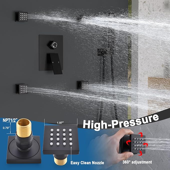 Enga 12 Inch Ceiling Mount Matte Black Shower System with Body Jets Bathroom Luxury Rain Mixer Shower Combo Set Ceiling Rainfall Shower Jets System Faucet Set
