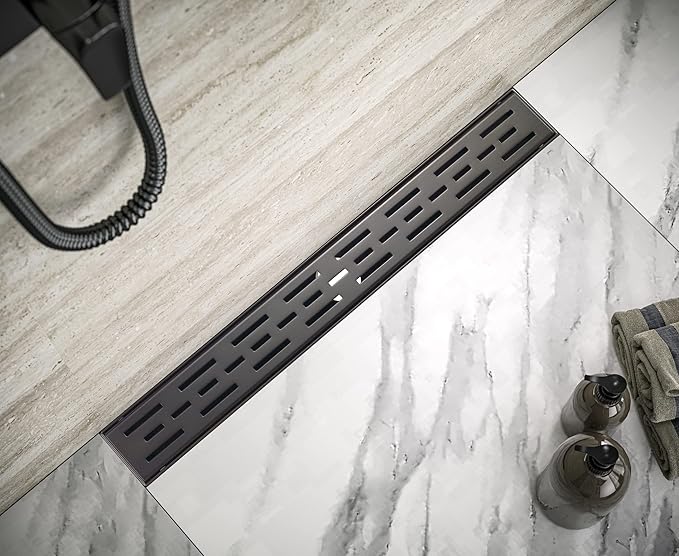 HEATGENE 28-Inch Linear Shower Drain in Venetian Bronze - Stainless Steel Rectangular Shower Floor Drain - Removable Decorative Cover - Adjustable Leveling Feet - CUPC Certified