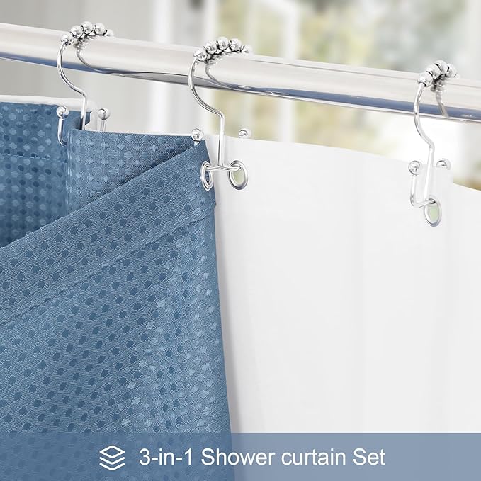 3 in 1 Stall Half Size Moonlight Blue Shower Curtain Set-36 W x 72 H, Modern Waffle Waterproof Fabric and PEVA Liner Set with Stainless Steel Hooks