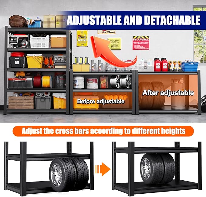 71" H-46 W Garage Shelving, 5-Tier Heavy Duty Storage Shelves, Adjustable Metal Shelving Unit, Utility Garage Organizer Shelf for Basement, Pantry, Warehouse, 20" D x 46" W x 71.2" H, Black