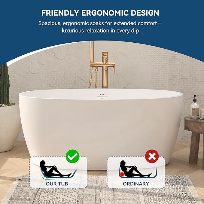 FerdY Tahiti 55" Acrylic Freestanding Bathtub, Elegant Oval Shape Soaking Bathtub, Glossy White, Brushed Nickel Drain & Integrated Slotted Overflow Assembly Included cUPC Certified
