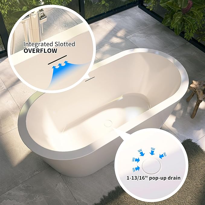 64" Acrylic Free Standing Tub, Stand Alone Tub, Freestanding Bathtub, Soaking Bathtub, cUPC Certified, LT(Glossy White)