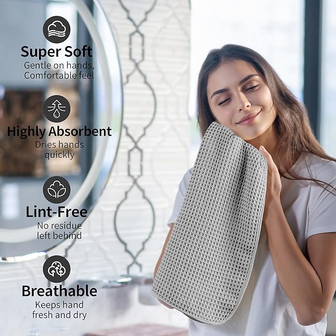 Microfiber Waffle Hand Towels, 4 Pieces, Soft, Absorbent, Fast Drying, Lint Free (Silver)
