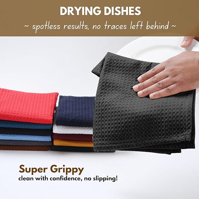 Native Fab Cotton Kitchen Towel with Hanging Loop 16x26 inches, 6-Pack, Waffle Weave Kitchen Towels for Cleaning Drying, Washcloths Soft & Absorbent Cloth Rags, Bar Towel, Dish Cloth, Black