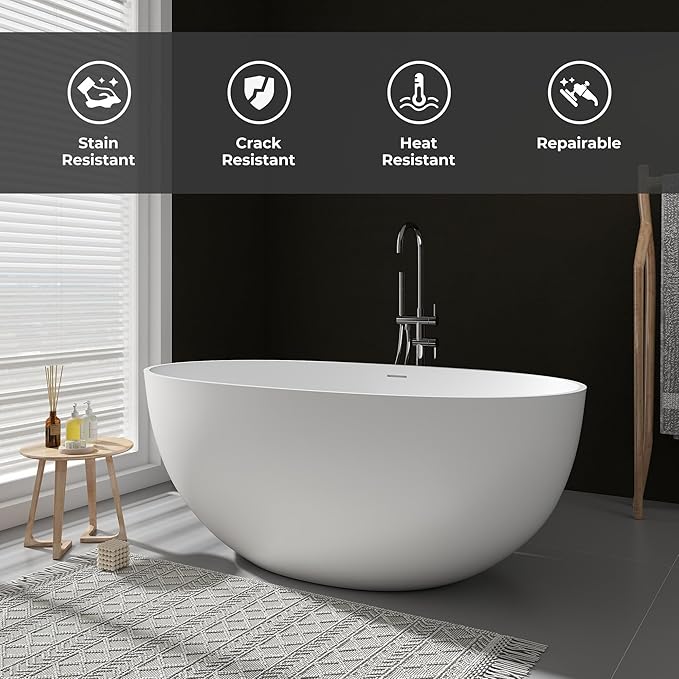SJ STAR&JANE 55" Solid Surface Freestanding Bathtub, Stone Resin Oval Soaking Tub Matte White Stand Alone Tub with Overflow and Pop-up Drain for Bathroom