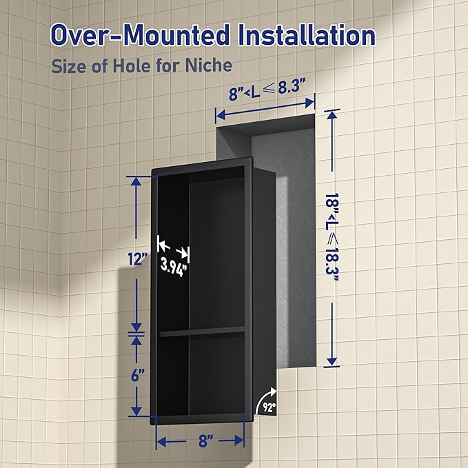 Stainless Steel Shower Niche 8"×18" with Shelf Matte Black No Tiled Needed Niche Shower for Bathroom Wall Recessed Shower Shelf for Bathroom Storage