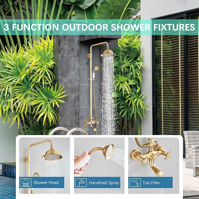Antique Brass Shower System Bathroom Shower Faucet Set with 8 Inch Shower Head Handheld Spray and 360 ° Rotation Tub Spout 2 Cross Handles Outdoor Shower Fixtures