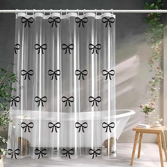 Clear Cute Black Bow Shower Curtain Liner, Plastic Transparent Girly Fancy Shower Curtain, Aesthetic Preppy Shower Curtain Bow Bathroom Decor for Women, 72x72 Shower Curtain Set with Magnets 12 Hooks