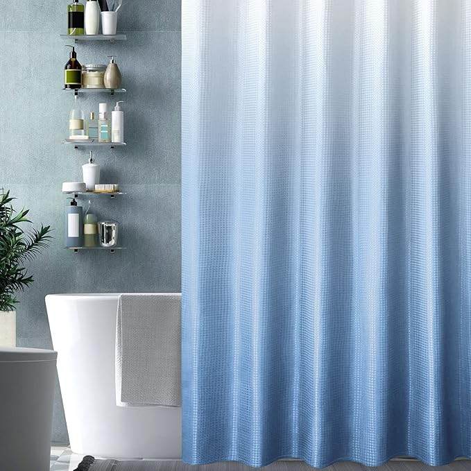 Gibelle Small Stall Shower Curtain 36 x 72, Narrow Blue Ombre Shower Curtain for Bathroom, Waffle Weave Fabric Shower Curtain Set with Hooks, Water Repellent, Machine Washable