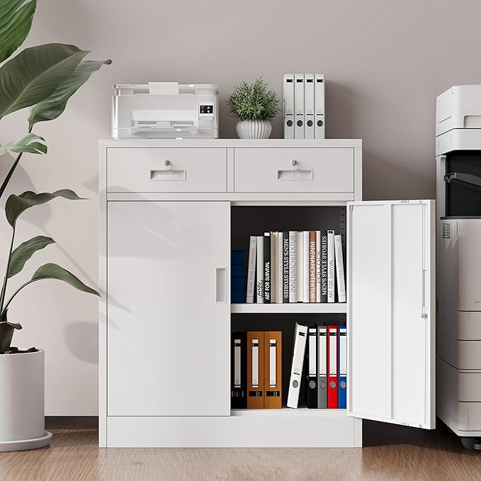 Metal Storage Cabinet, 36 Inch Tall Metal Storage Cabinet with Doors and Shelves, Pantry Cabinets with Drawer for Kitchen Storage, Garage Cabinet for Living, Dining Room, Assemble Required.