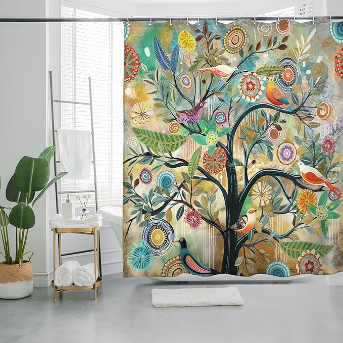 Bohemian Shower Curtain, Boho Floral Print Water Repellent Polyester Fabric for Bathroom Decor, 72×72 Inch Standard Size with 12 Hooks, Also as Room Divider