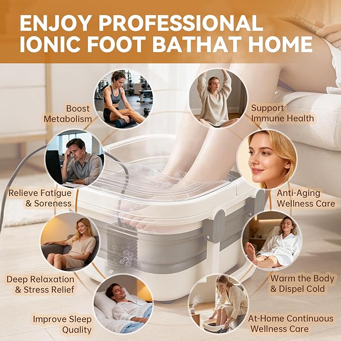 Bluetooth Ionic Foot Bath Detox Machine for Home Spa Use, with App Control, Foldable Soaking Tub, 2 Ion Arrays, 100 Basin Liners, Timer for Natural Body Detoxification