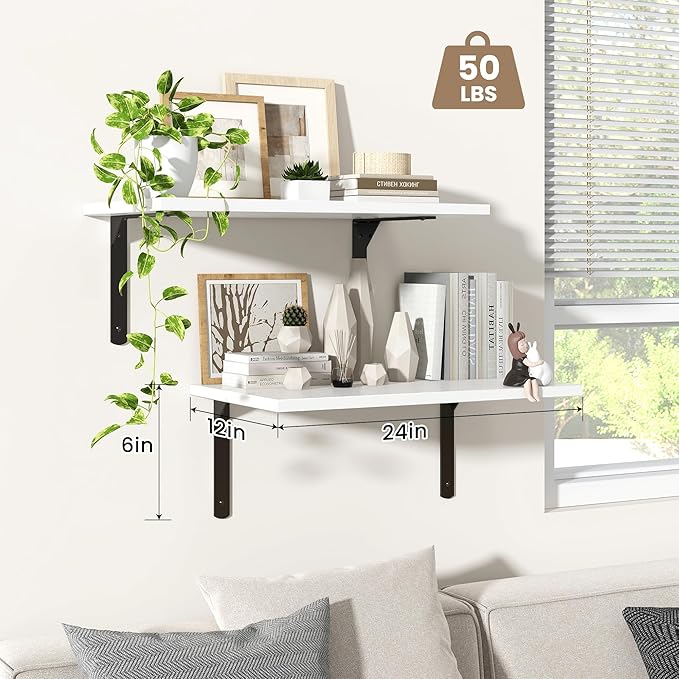 Fun Memories Floating Shelves for Wall, 12 Inch Deep Floating Shelves Set of 2, Wall Mounted Shelf with Metal Brackets, Rustic Wood Wide Shelf for Bathroom, Kitchen and Living Room, White, 24W x 12D