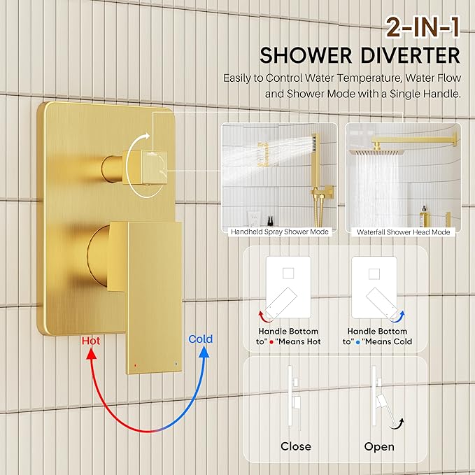 Gold Shower System, Shower Faucet Set with 10" Rain Showerhead and Handheld Combo Spray, Bathroom Wall Mounted High Pressure Shower Combo Set Included Valve and Trim, Brushed Gold