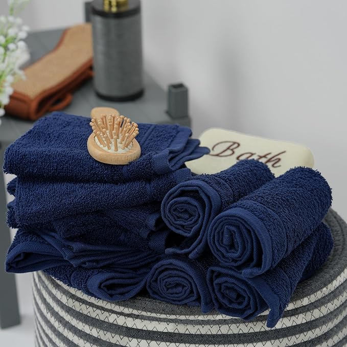 Tens Towels Pack of 12 Washcloths, 12 x 12 Inches, Lighter Weight, Quick to Dry, Super Soft & Absorbent, Gentle Face Towels, Hotel Quality, Perfect for Bathroom, Gym, Spa (Navy, 12 Pack)