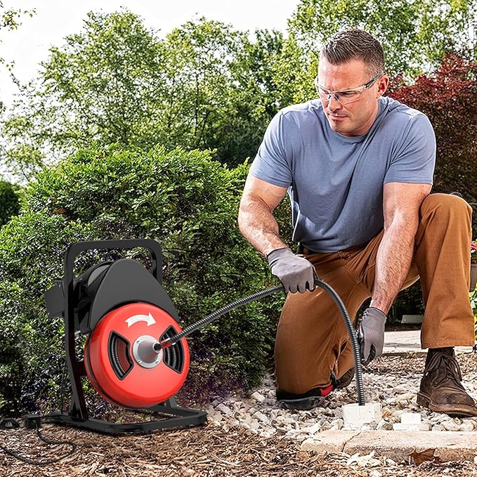50FTx1/2 Inch Drain Cleaner Machine with Wheels, Sewer Snake Electric Drain for 2" to 4" Pipes, Plumbing Snake Auger Cleaner with 6 Cutter & Foot Switch for Sewer, Sink, Toilet, Bathroom