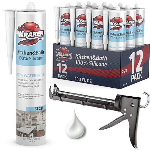 Kraken Bond Premium Kitchen and Bathroom Silicone Caulk White - (12x10.1 fl.oz) RTV White Caulking Waterproof for Kitchen, Bathroom, Shower, Sink, Anti Shrink 100% Caulking | 12 Pack