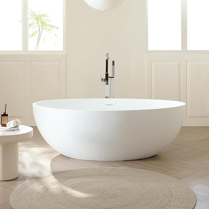 SJ STAR&JANE 67" x 39" Matte White Solid Surface Freestanding Bathtub, Oval Soaking Extra Wide Tub with Overflow and Pop-up Drain for Bathroom