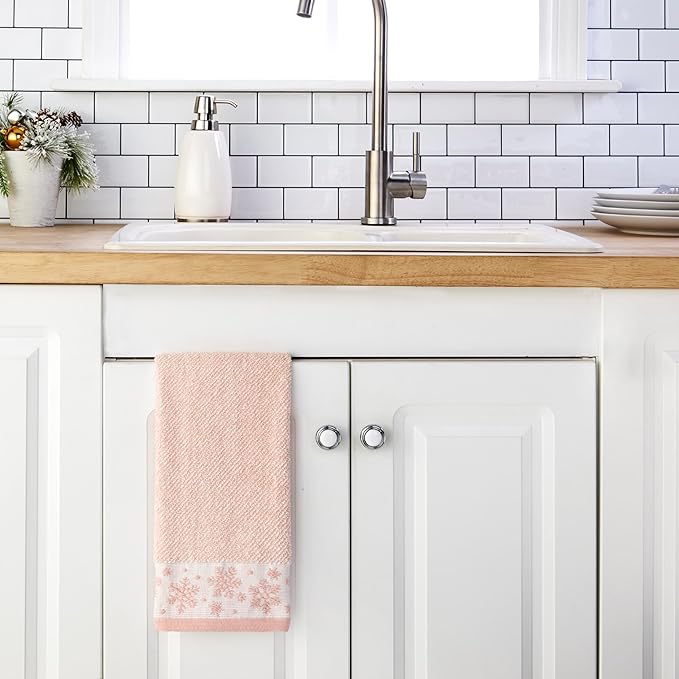 SKL Home Christmas/Winter Heather Snowflake 100% Cotton Premium 2-Piece Hand Towel Set, 500 GSM, Soft & Absorbent Jacquard, Decorative for Bath/Kitchen/Bar, Blush Pink