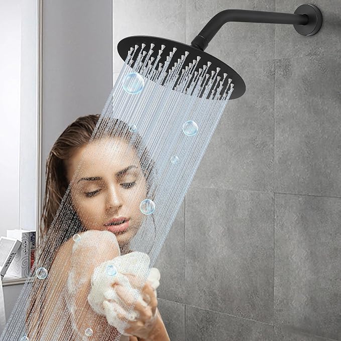 HarJue Shower Arm with Flange and Teflon Tape, Wall Mounted Shower Pipe 304 Stainless Steel Extension Arm for Fixed Shower Head & Handheld (12 Inches, Matte Black)
