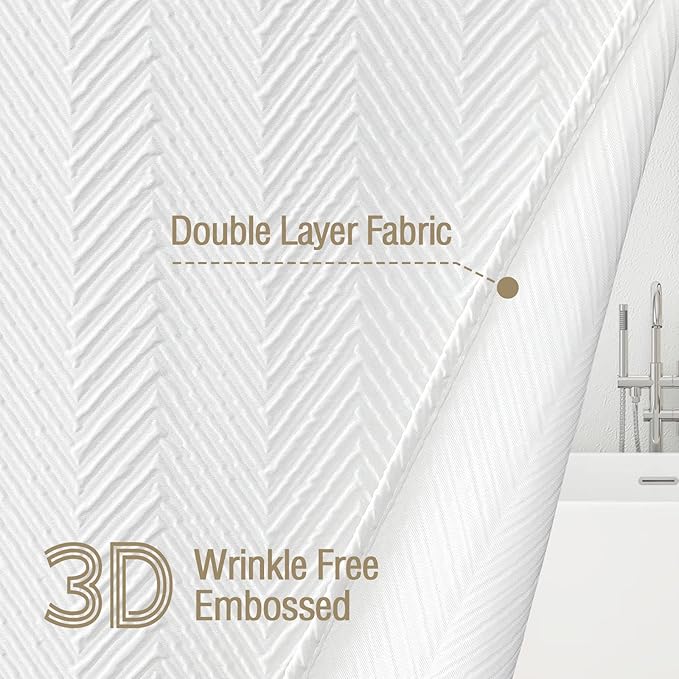 Gibelle Long Shower Curtain 72 x 78, Tall 3D Embossed Textured White Fabric Shower Curtain, Modern Farmhouse Herringbone Decorative Bathroom Curtains Shower Set with Hooks