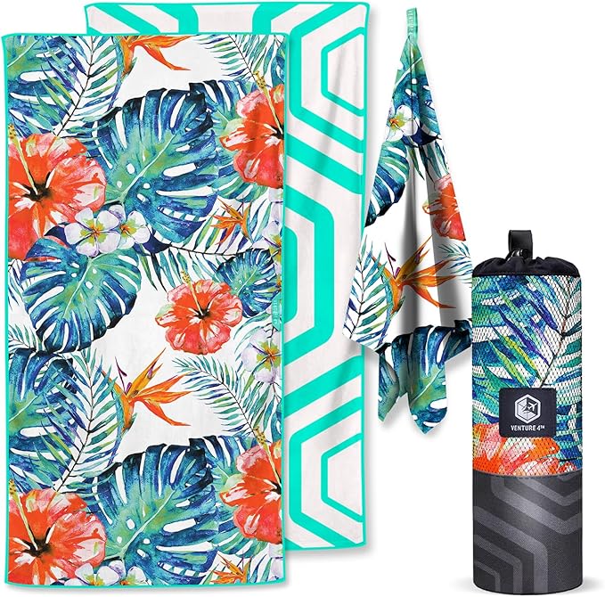 VENTURE 4TH Microfiber Beach Towel: Quick-Dry, Compact, Sand-Free, Absorbent, Sandproof and Lightweight - Perfect for Camping, Beach, and Roadtrips (Tropical Scent Design | 35x78 inches)