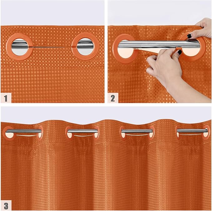 MitoVilla No Hooks Needed Extra Long Shower Curtain Liner Set, Orange 86 inch XL Heavyweight Waffle Fabric Cloth Shower Curtains Set with Snap-in Liner for Modern Luxury Hotel & Spa Bathroom Decor