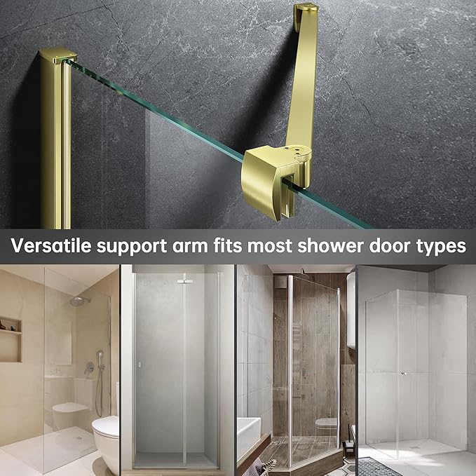 Frameless Shower Door Support Bar, Stainless Steel Wall-to-Glass Support Arm to Fixed Shower Glass Panel, for 1/4"-3/8" (6-10 mm) Door, 180° Pivot & Stow-Flat Mode (Brushed Gold, 23.6-inch(600mm))
