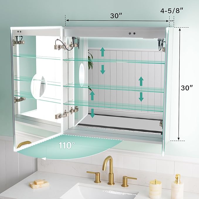 WELLFOR 30" X 30" Medicine Cabinet with Lights, 3X Magnification, Anti-Fog Mirrored Cabinet, Bathroom Vanity Medicine Cabinet with Outlets & USB Ports, Double Doors