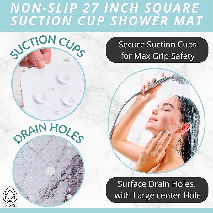 ENKOSI Square Shower Mat 27x27 inch - Anti Slip Shower Stall Floor Mat - Non Slip Shower Mats with Strong Secure Suction Cups and Drain Holes in Middle (27x27 Marble Grey)