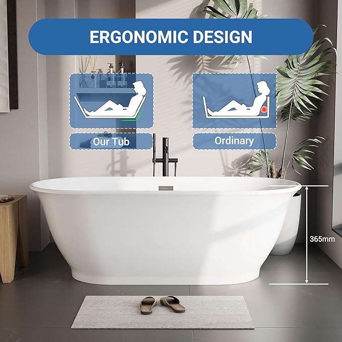 Freestanding Bathtub, 59 Inch Acrylic Soaking Tub, Elliptical Design with Chrome Drain & Overflow, White Finish for Contemporary Bathrooms