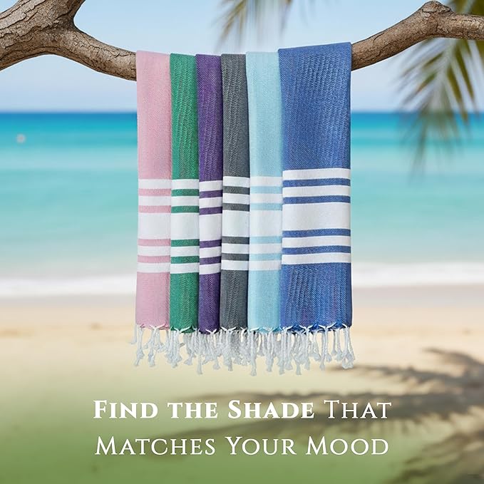 Turkish Cotton Beach Towel Pack of 4 & 1 Boho Tote Bag - Hammam Towels - No Shrink - Quick Dry - Lightweight - Sand Free - Camping - Pool - Tanning - Beach Essentials - Sky Blue (40"x70")