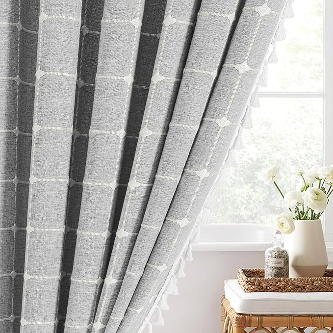 MitoVilla Grey Boho Small Stall Shower Curtain Set 36 x 72, Half Size Narrow Polyester Linen Fabric Shower Curtains for Farmhouse Bathroom Decor, Light Grey