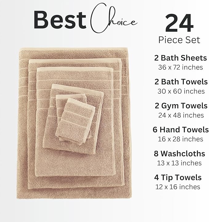 Casa Platino 100% Mercerized Cotton Bathroom Towels Set - 24 Pc - Ringspun, Soft & Absorbent - 2 Bath Sheets, 2 Gym, 2 Bath, 4 Fingertip, 6 Hand Towels, 8 Washcloths - Double Sided Terry - Beige