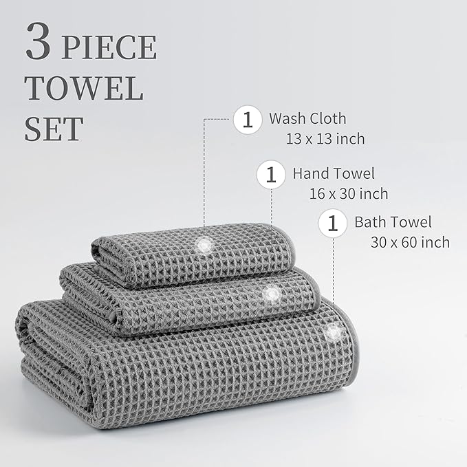 New Microfiber Waffle Bath Towels, 3 Pieces, Oversized, Soft, Absorbent, Fast Drying, Lint Free, Includes Bath, Face and Hand Towels
