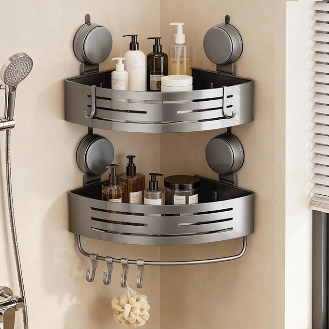 Corner Suction Cup Shower Caddy(2-Pack Gray),No-Drilling Aluminum Shower Shelf with Towel Bar & Hooks,Removable Bathroom and Kitchen Storage Organizer