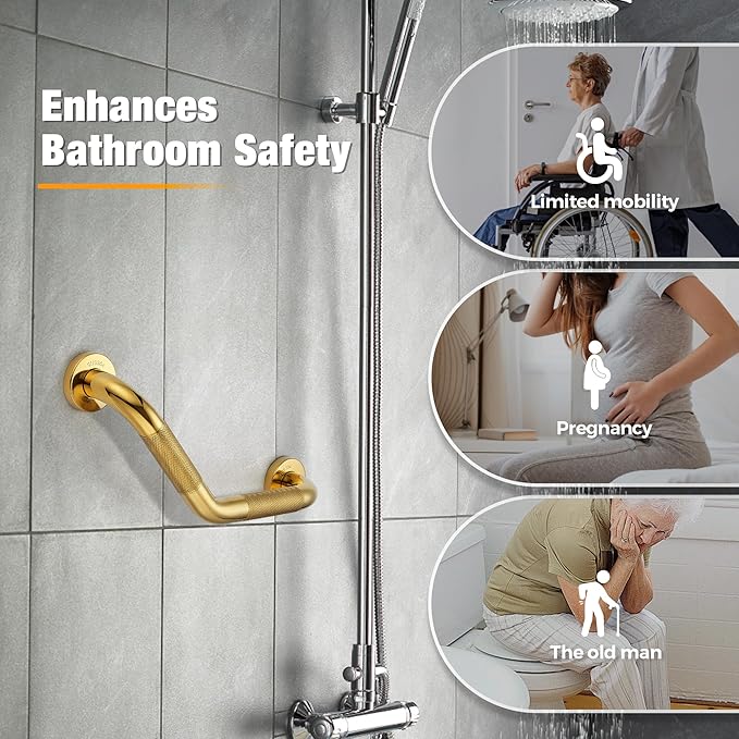 Grab Bars for Bathtubs and Showers- 1-1/4 x 16 Angled Shower Grab Bar for Seniors Knurled Stainless Steel Handicap Grab Bars for Wall (Gold, 2 Pack)