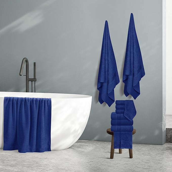 Belizzi Home 100% Cotton Towel Set, Contains 6 Soft Bath Towel, 6 Hand Towels, 12 Wash Cloths - Compact Absorbent Lightweight & Quickdry Towels for Bathroom - 24 Piece Bathroom Towel Set - Navy Blue