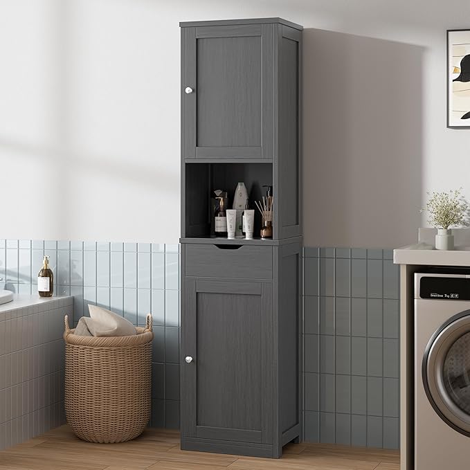 Walsunny Tall Bathroom Storage Cabinet with Freestanding Adjustable Shelves, Narrow Storage Linen Cabinet with 2 Doors and 1 Drawers for Bathroom, Living Room, Kitchen(Gray)