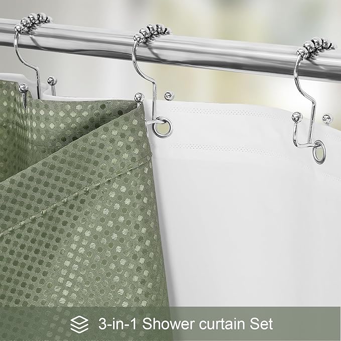 3 in 1 Long Shower Curtain Set-72 W x 78 H, Sage Green Waffle and PEVA Liner Set with 12 Stainless Steel Hooks, Waterproof Fabric for Bathroom
