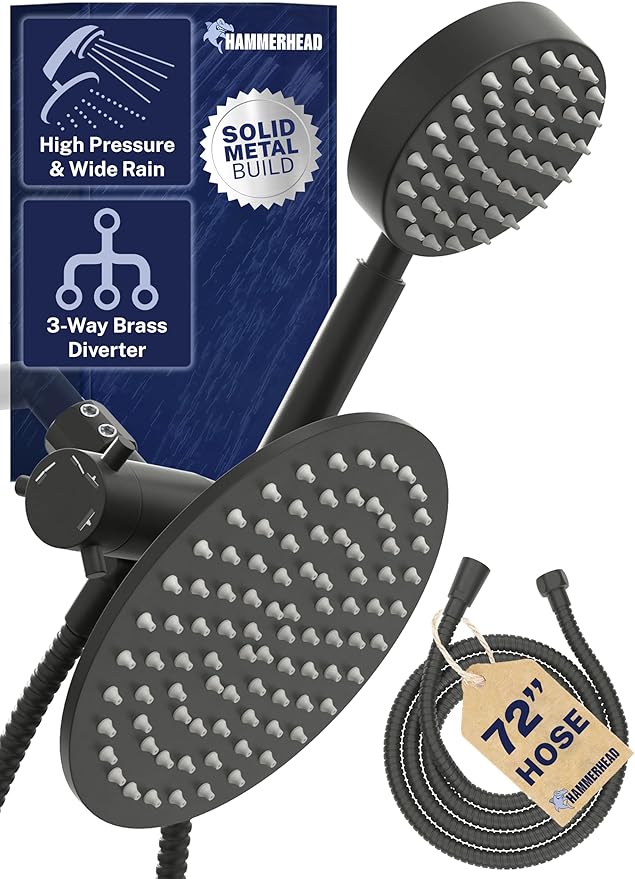 HammerHead Showers® Solid Metal Dual Shower Head Combo – MATTE BLACK – 8 Inch Rainfall High Flow Shower Head & Handheld Shower Head High Pressure with Hose 6ft - Hotel-Like Double Shower Heads