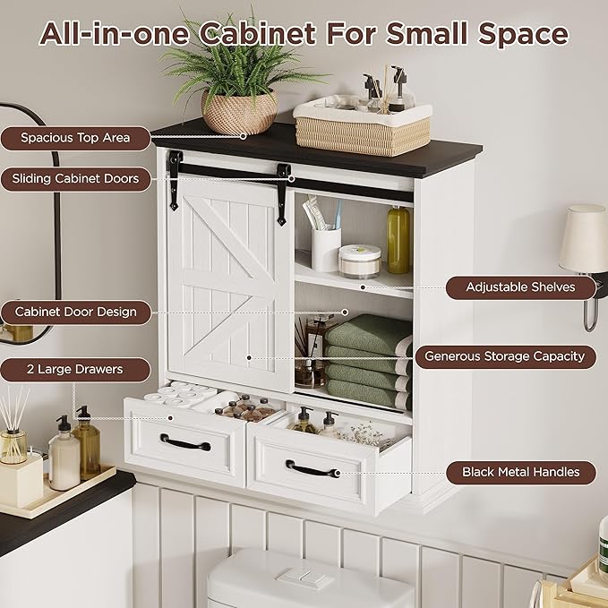 Bathroom Wall Storage Cabinet with 2 Drawers, White Floating Wall Mounted Medicine Cabinet with Sliding Door & Adjustable Shelves, Over The Toilet for Bathroom, Laundry Room, Kitchen