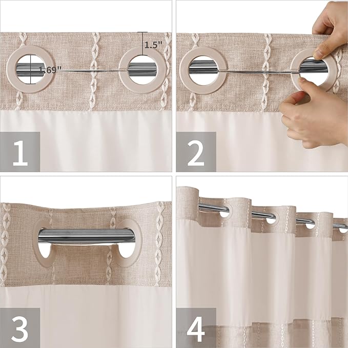 Boho Farmhouse No Hook Shower Curtain Set with Snap-in Fabric Liner,Heavy-Duty Linen Textured Rustic Striped Design,Water-Repellent with Tassels and Sheer Window,Tan/Taupe,71x74