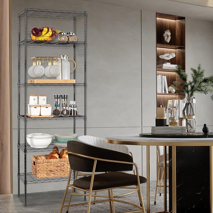 6 Tier Storage Racks Shelving, Heavy Steel Pantry Shelves, Adjustable Wire Shelving Rack with Wheels, Suitable for Garage, Kitchen, Bathroom, Office, 22" W x 12" D x 65" H, Black