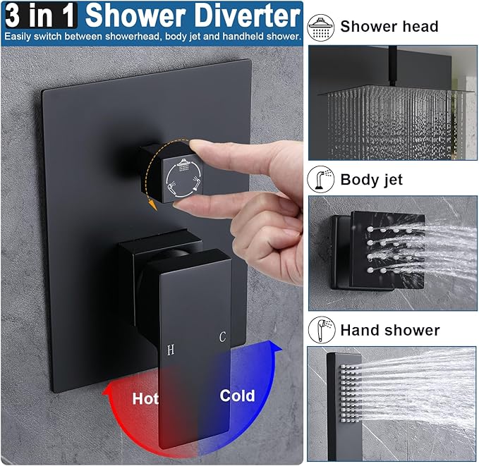 Enga 12 Inch Ceiling Mount Matte Black Shower System with Body Jets Bathroom Luxury Rain Mixer Shower Combo Set Ceiling Rainfall Shower Jets System Faucet Set