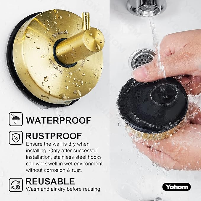 YOHOM Suction Cup Hooks for Shower Towel Holder Stainless Steel Vacuum Bathroom Shower Hook Suction Washcloth Hanger Kitchen Towel Rack for Robe Loofah Wreath Glass Door Window Wall Brushed Gold 2Pcs